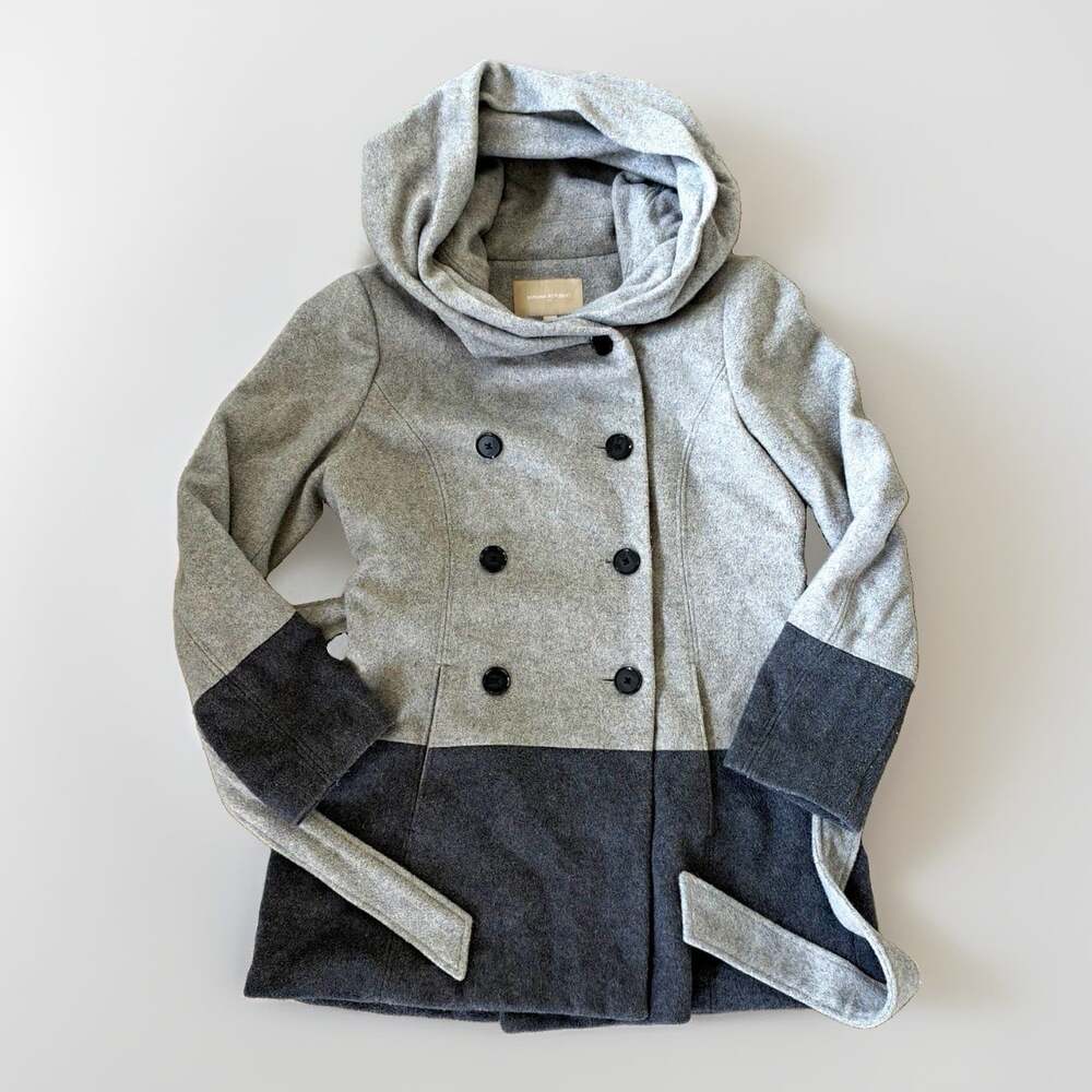 Banana Republic Women’s Petite M Gray/Charcoal Colorblock Hooded Belted Peacoat